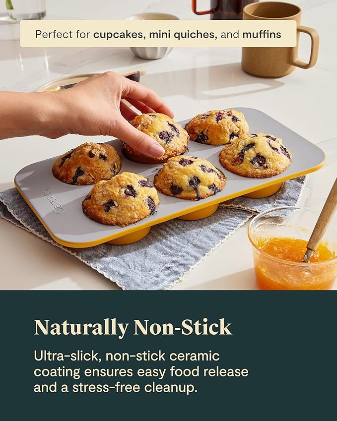 Caraway Nonstick Ceramic 6 Cup Muffin Pan – Non-Toxic, PTFE & PFOA Free – Oven Safe – Aluminized Steel Core – Small Muffin Pan for Baking Cupcakes, Muffins & More - Cream