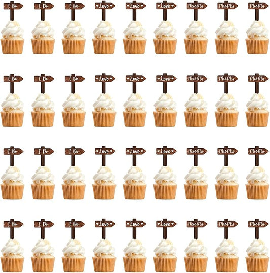 36 PCS Wedding Cupcake Toppers in Wood Rustic Wedding Cake Decoration