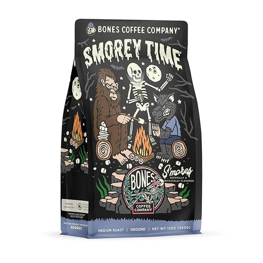 Bones Coffee Company S'morey Time, S'mores and Graham Crackers Flavored Coffee, Medium Roast Low Acid Arabica Beans Compatible with Auto drip and French Press Coffee Maker, 12 Oz Ground