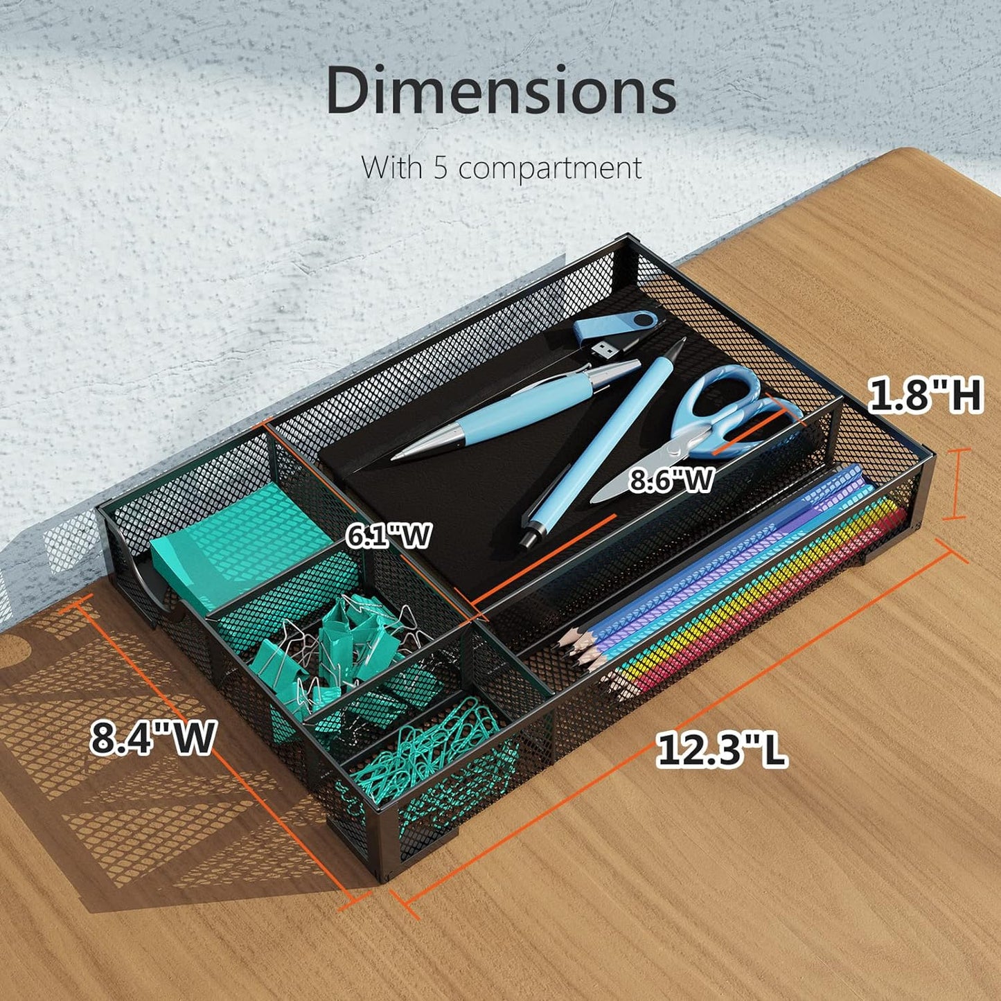 Desk Drawer Organizer, Office Desk Organizer Tray with 5 Dividers, Pen Pencil Drawer Organizer for Office Supplies, Desktop, Bathroom, Kitchen, Makeup, Vanity