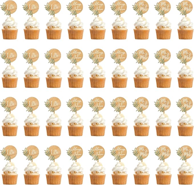 36 PCS Greeny Wedding Cupcake Toppers in Wood Mr & Mrs Engagement Cupcake Decorations