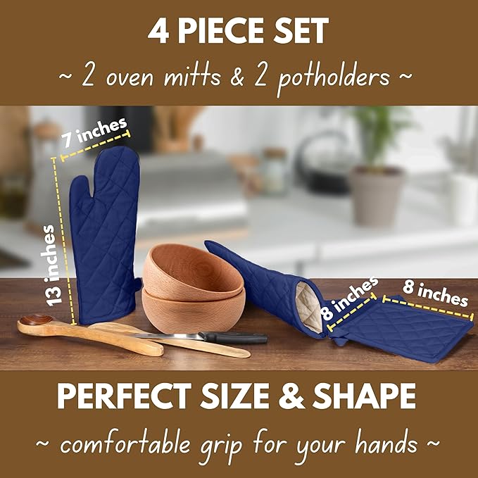 Native Fab 4 Piece Set - 2 Oven Mitts & 2 Potholders, Heat Resistant, 100% Cotton, Quilted Design, Non-Slip Grip, Machine Washable, Ideal for Baking, Cooking, BBQ, Kitchen Protection - Ink Blue