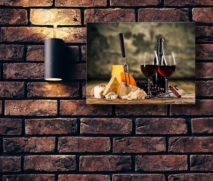 Looife Kitchen Still Life Canvas Wall Art, 30x20 Inch Gallery Wrapped Red Wine with Cheese Picture Prints Wall Decor, Food Art Deco for Dining Room and Bar Decoration