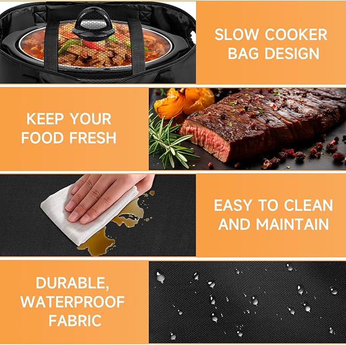 Double-Layer Slow Cooker Travel Bag Compatible with 6, 7, 8 Quart Crock-Pot, Insulated Travel Carrier with Easy to Clean Lining, Black