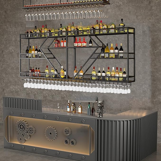 Metal Wine Rack Wall Mounted, Modern Wine Storage Rack Wall Mounted with Wine Glass Holder, Liquor Shelf, Bar Shelves for Liquor Bottles (3TIERS Gold, 78.7 * 7.87 * 33.85INCH)