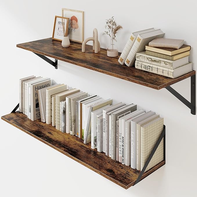 Heimlove Deep Floating Shelves for Wall, 32W x 8D Wood Wall Shelves Set of 2, Wide Floating Bookshelf for Living Room, Kitchen, Office, Bedroom and Decor Storage, with Metal Bracket - Rustic Brown