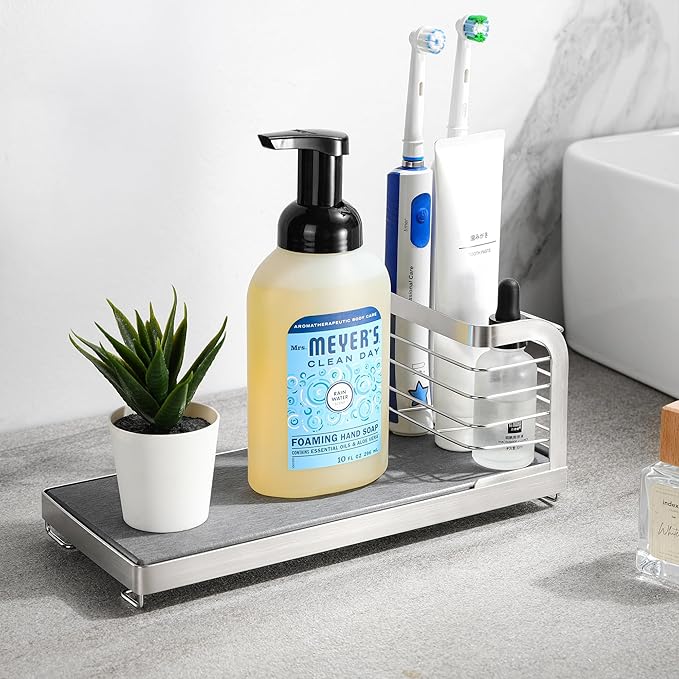 Wipe-Free Sink Organizer with Drying Stone, Instant Dry Sink Caddy Organizers, Kitchen Sponge Soap Holder Dispenser, Countertop Fast Drying Counter Tray Rack