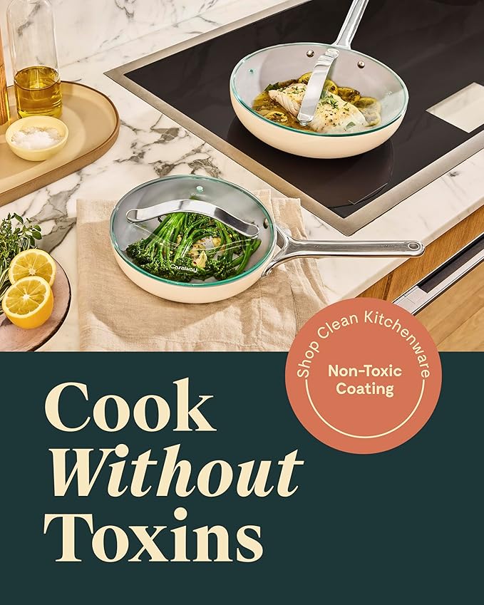 Caraway Ceramic Nonstick Fry Pan Set with Glass Lids – Includes Two 10.5” Fry Pans, One 8” Fry Pan, & Three Lids - Non Toxic, PTFE & PFOA Free - Oven Safe & Compatible with All Stovetops - Marigold