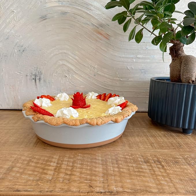 Mora Deep Fluted Ceramic Pie Dish for Apple Pie, Quiche, Tart - 9 inch - Modern Farmhouse Style Porcelain - Earl Grey