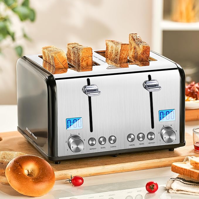 Countdown Stainless Steel 4 Slice Toaster with Bagel, Defrost, Cancel Function, Dual Toaster, Extra Wide Slots, 6 Shade Settings, Removable Crumb Trays, 1650W, Black
