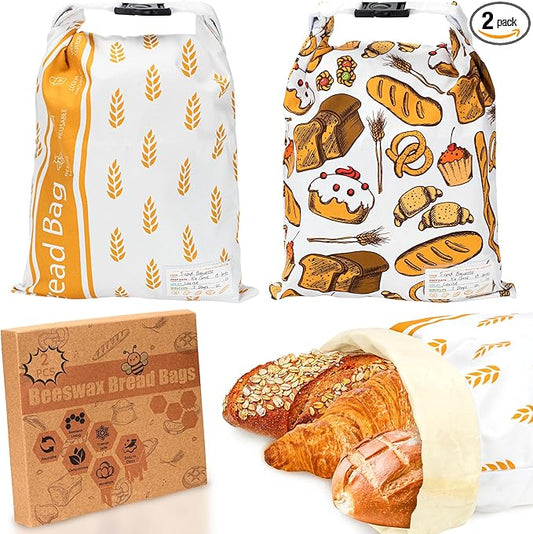 2-PACK Reusable Beeswax Bread Bag for Homemade Bread & Sourdough Loaf, Fridge-Safe Dual-Zip Storage Container with Natural Cotton & Beeswax Lining Lock Freshness, Dates Lable Cards Included