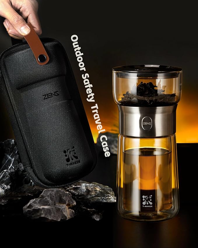 ZENS Modern Glass Tea Infuser Teapot, Smart One Touch Tea Maker for Loose Tea Diffusers with Insulated Mug and Portable Tea Kits, Cool Gongfu Tea Pot for Black Tea Lover Gifts