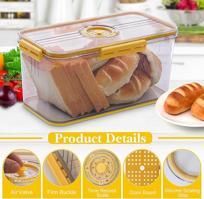Bread Box for Homemade Bread Boxes for Kitchen Counter Airtight, Time Recording Bread Storage Container with Lid, Bread Containers Storage Airtight Loaf Bread Keeper, Large, Yellow