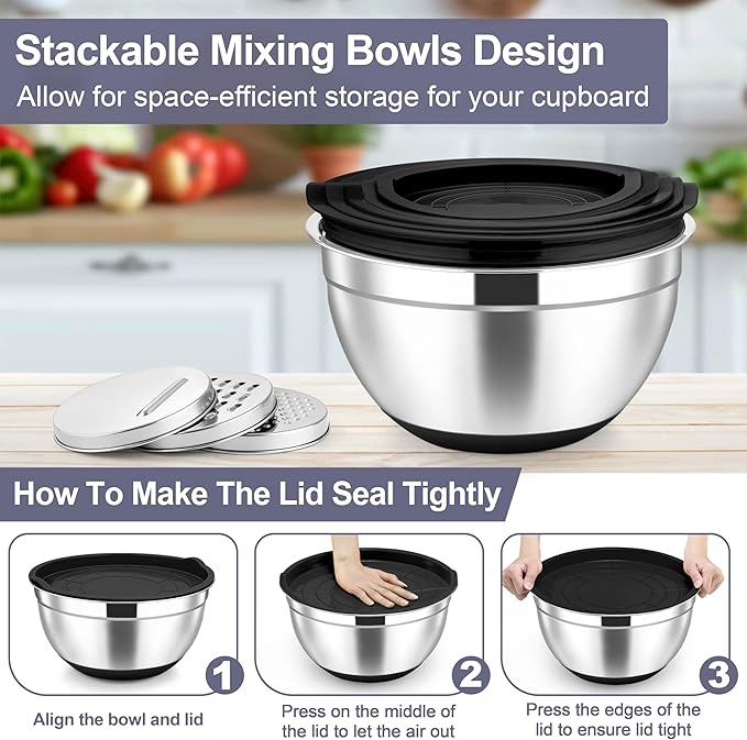 TeamFar Mixing Bowls, Stainless Steel Nesting Salad Bowl with Lids & 3 Graters, For Kitchen Cooking Serving Prepping, Airtight & Non-Slip, Size 4.6/3.5/2/1.5/1/0.7 QT, Set of 5 & Black