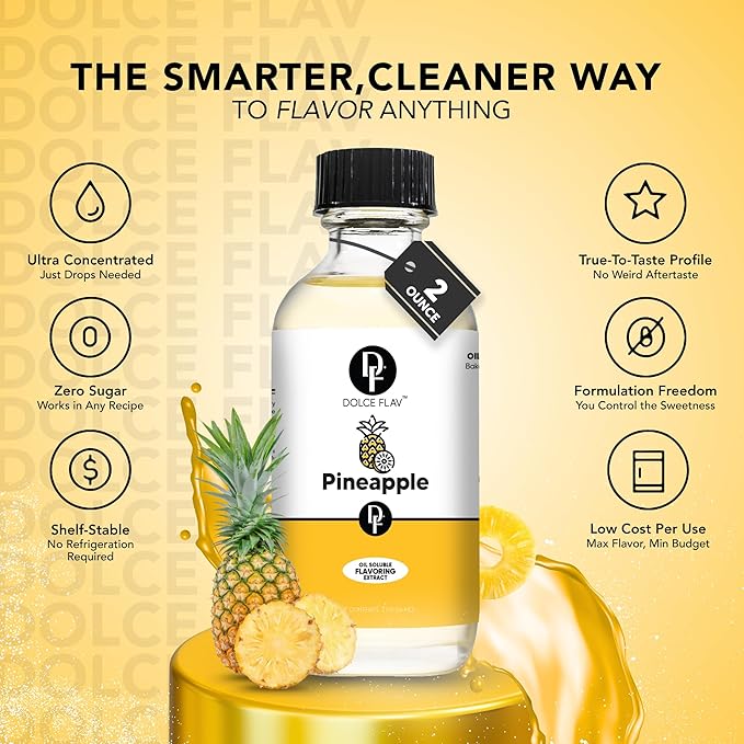 Dolce Flav Pineapple Extract – 2 Ounce Oil-Soluble Kosher, Sugar-Free, Concentrated Tropical Flavor for Candy, Chocolates & Desserts, Includes Measured Dropper