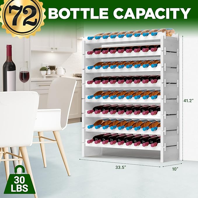 NutriChef Bamboo Stackable Wine Rack, 8-Tier 72 Bottle Capacity Wine Racks Free Standing Floor, No Tools Assembly, Modular Storage Display Shelf for Kitchen and Cellar 33.5" x 10" x 42", White