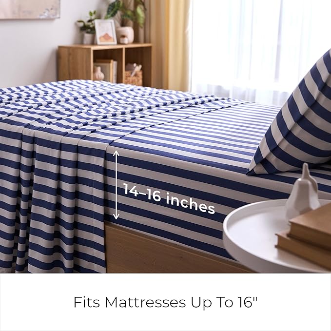 Mellanni Twin Sheets Set - 3 PC Iconic Collection Bedding - Hotel Luxury, Extra Soft, Cooling Bed Sheets - Wrinkle, Fade, Stain Resistant (Twin, Oxford Stripe Blue Nova)