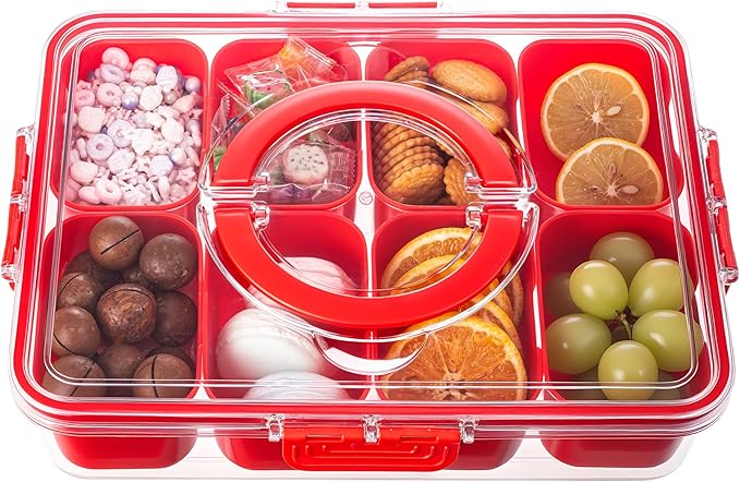 Divided Serving Tray with Lid and Handle - Snackle Box Charcuterie Container for Portable Snack Platters Organizer for Candy, Fruits, Nuts, Snacks - Perfect for Party, Entertaining, Red