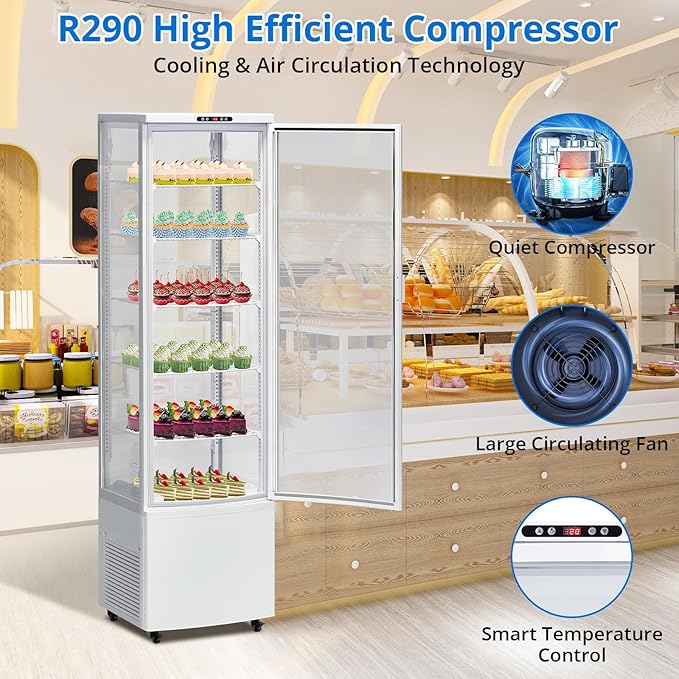 10.5 Cu.Ft Refrigerated Display Case, Floor-Standing Display Refrigerator with LED Light and Adjustable Shelves, Commercial Display Fridge with Casters for Cakes, Coffee, Bakery, Supermarkets, Store