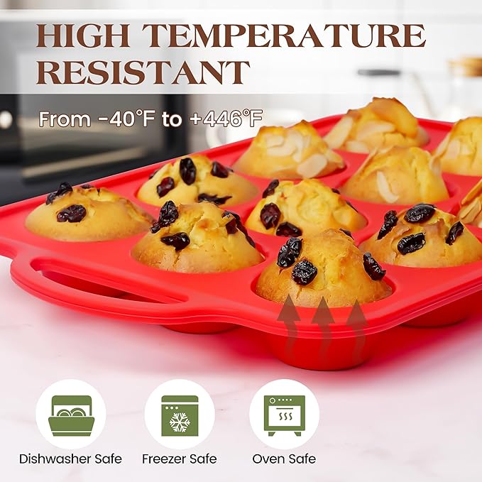 Silicone Muffin Pan for Baking 12 Cup Nonstick Cupcake Pan Small Silicone Cupcake Mold with Metal Reinforced Frame BPA Free (1 Pc, Red)