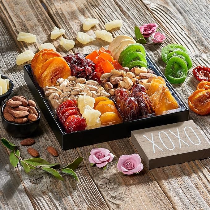 Dried Fruit & Nuts Gift Basket Arrangement Platter, Gourmet Food Snack Box, For Christmas, New Years, Birthday Care Package, Healthy Kosher - Her Him - 12 Snackberry Assortment (6-Pack)
