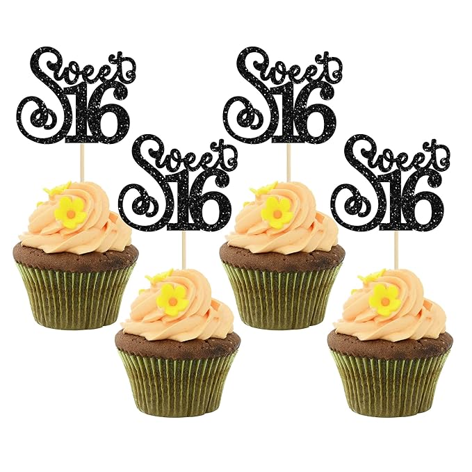 Gyufise 24 Pack 16th Birthday Cupcake Toppers Glitter Sixteen Happy Sweet 16 Cupcake Picks Cheers to 16 Years Old Cupcake Decorations for 16th Birthday Anniversary Party Cake Decorations Black