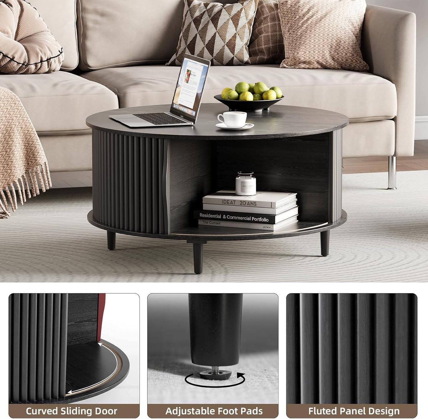 Round Coffee Table with Storage,31.5" Mid Century Modern Coffee Table with Hidden Compartment,Fluted Center Table for Living Room,Home Small Space,Black