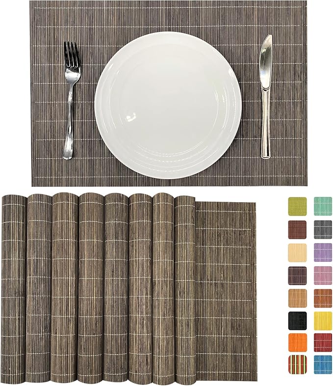 ANDSTAR Set of 8 Pcs Bamboo Placemats Natural Anti-Slip Bamboo Placemats Washable Heat-Resistant Table Mats for Dining Room and Kitchen（Light Brown）