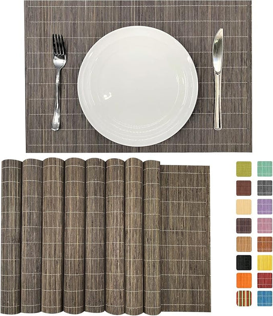 ANDSTAR Set of 8 Pcs Bamboo Placemats Natural Anti-Slip Bamboo Placemats Washable Heat-Resistant Table Mats for Dining Room and Kitchen（Light Brown）