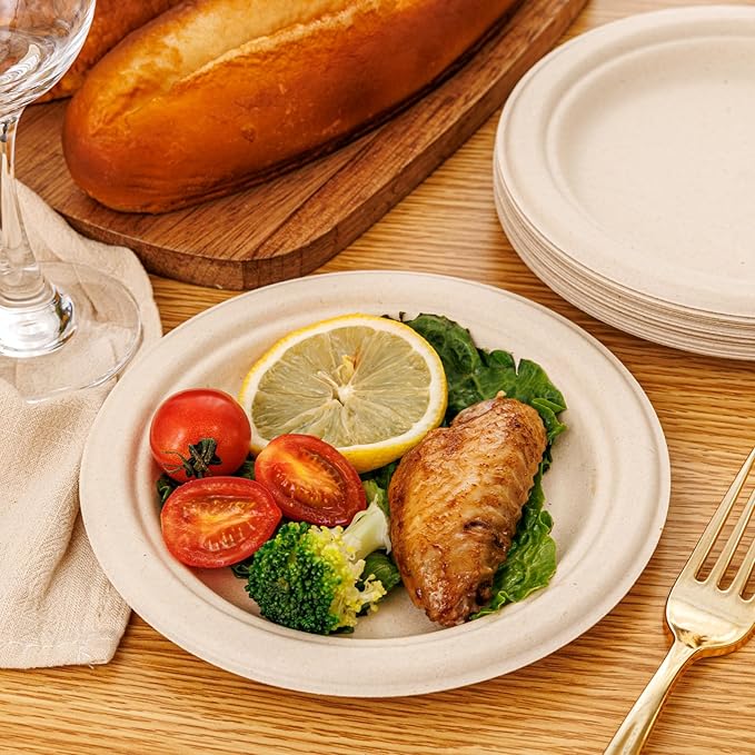 WELLIFE 100% Compostable Paper Plates 7 Inch, 125-Pack Dessert Paper Plates Bulk, Biodegradable Bagasse,Eco-Friendly Disposable Plate Small for BBQ,Picnic,Party (BPI Certified,Microwaveable)