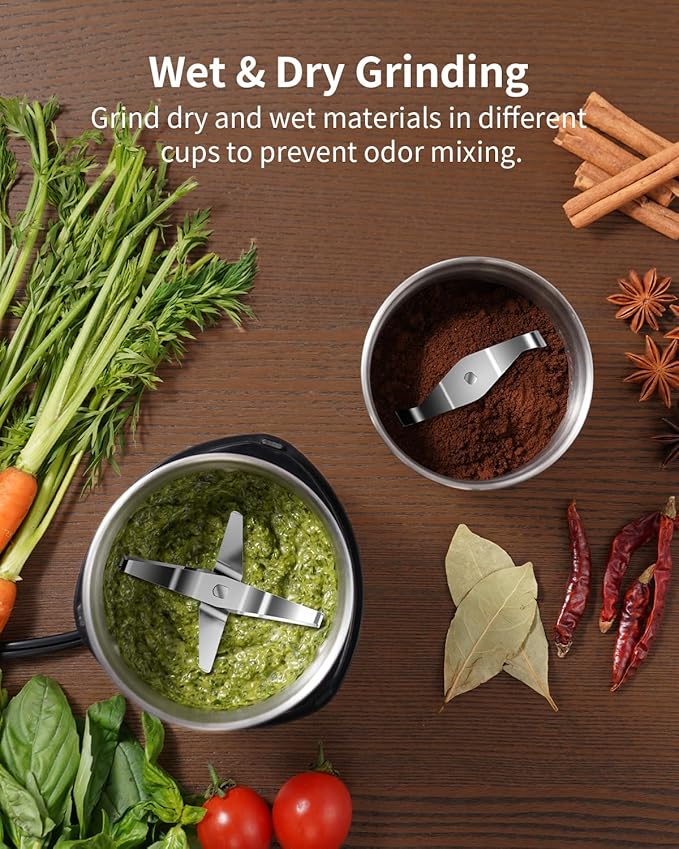 SHARDOR Coffee Grinder Electric Herb/Wet Grinder for Spices and Seeds with 2 Removable Stainless Steel Bowls, Silver