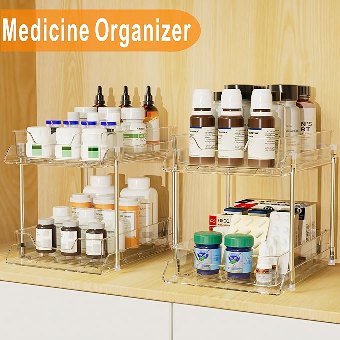 JLKDQ 4 Pack Bathroom Under Sink Organizers and Storage, 2-Tier Pull Out Medicine Cabinet Organizing- Kitchen, Pantry, Medicine Storage Bins, Vanity Makeup.(Clear,10.63" L x 8.0" W x 8.46" H).