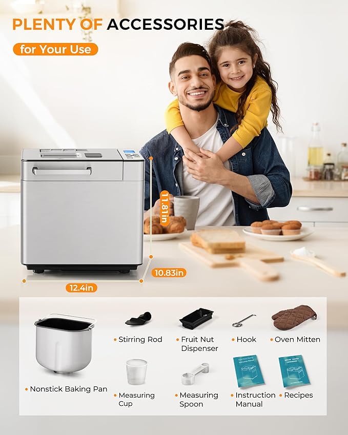 EUHOMY 25-in-1 Bread Maker Machine 2LB Breadmaker, Bread Machines with Nut Dispenser and Yeast Dispenser, 3 Loaf Sizes 3 Crust Colors, Dough Maker with Customized Options, Gluten-Free, Recipe, Gifts