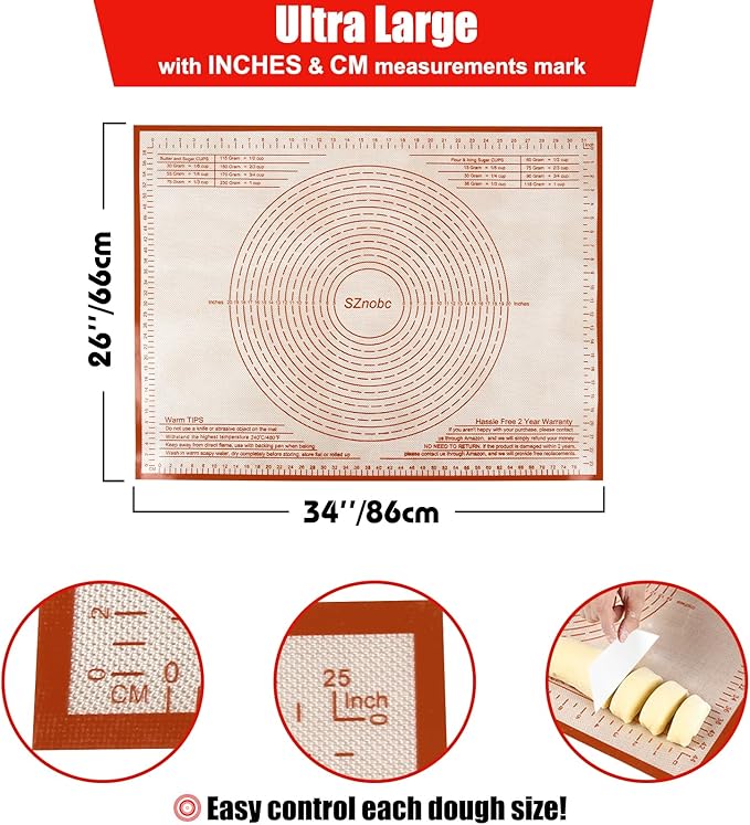 Silicone Pastry Mat 34X26 Inch Extra Large Baking Mat with Measurements for Dough Rolling, Kneading Board, Kitchen Counter Mats for Dough, Pastry, Fondant, Pie Crust, Cookies, Bread, Pasta, Pizza