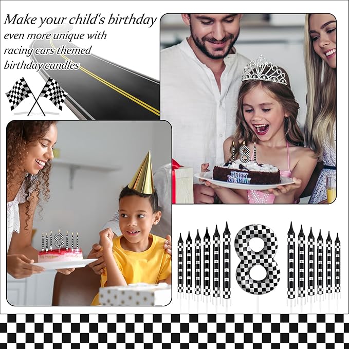 13 Pcs Racing Cars Themed Birthday Candles Black and White Race Number 8 Checkered Candle Cake Topper for Racing Car Party Decoration Supplies (Number 8)