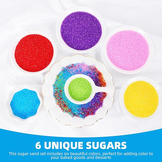 KASVAN Edible Sanding Sugar Sprinkles, 9.2oz Rainbow Sugar Sprinkles, 6 Colors Pink Blue Purple Yellow Green Red, Sparkling Crystals for Cake, Cupcakes, Cookies & Desserts