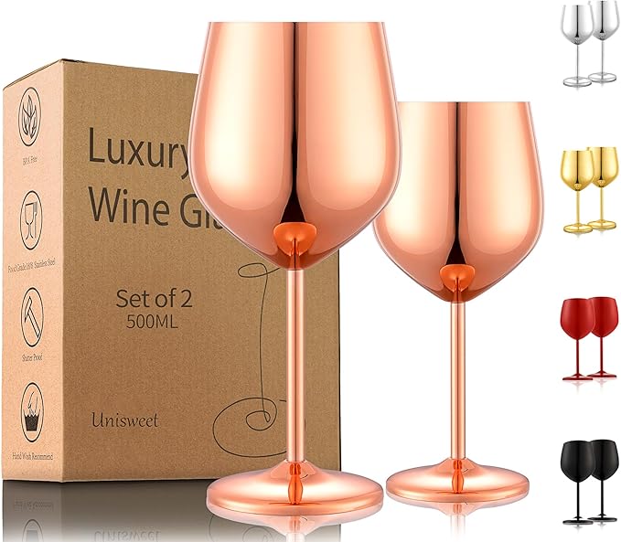Stainless Steel Wine Glasses Set of 2, 18 oz Unbreakable Rose Glod Wine Glass Unique Metal Wine Goblets for Outdoor Capming and Pool Gift for Wine Lovers
