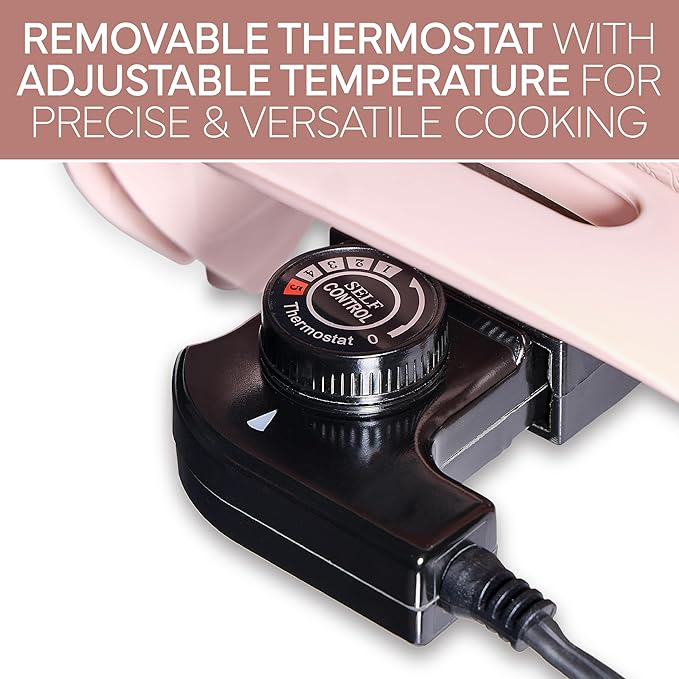 COOK WITH COLOR Electric Skillet - 12" x 12" Ceramic Nonstick Pan, PFAS-Free, 1400W, Tempered Glass Lid, Variable Temperature, Removable Heating Probe, Cool-Touch Handles, Blush