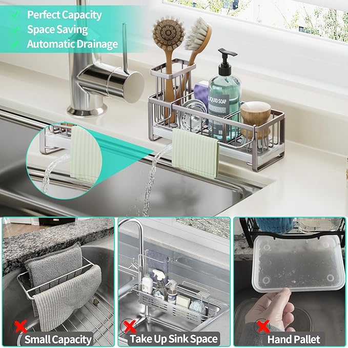 HapiRm Sponge Holder for Kitchen Sink - Self-draining Sink Caddy with Brush Holder and Dishcloth Holder, Stainless Steel Kitchen Organizer for Countertop - Brushed Nickel