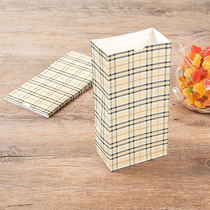 Restaurantware Bag Tek 2 LB Disposable Lunch Bags 100 Sturdy Take Out Bags - Flat Bottom Great For Restaurants Cafes And Bakeries Plaid Paper Popcorn Bags Versatile For Grocery And More