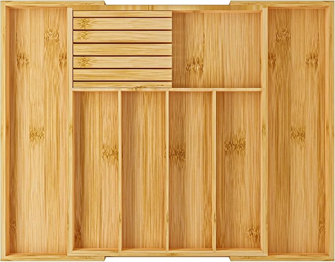 Silverware Organizer with Removable Knife Block - Bamboo Utensil Organizer for Kitchen Drawers Expandable Cutlery Organizer W12.8-20.2" x L16 x H2 (Yellow)