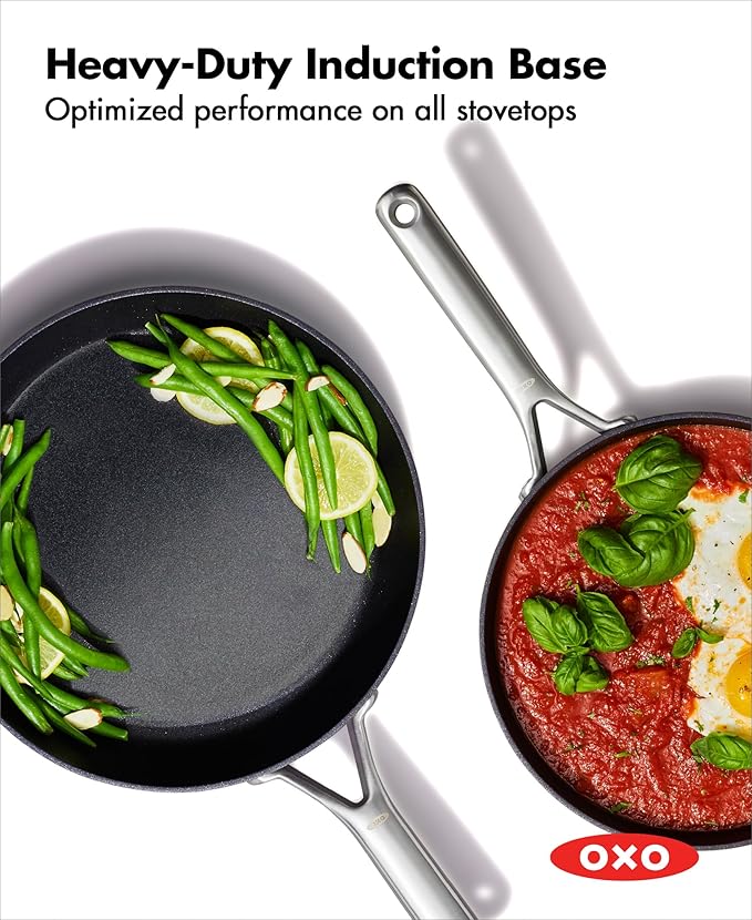 OXO Professional 8" and 10" Frying Pan Skillet Set, Hard Anodized Ceramic Nonstick Cookware PFAS-Free, Stainless Steel, Induction Suitable, Diamond Reinforced Coating, Dishwasher and Oven Safe, Black