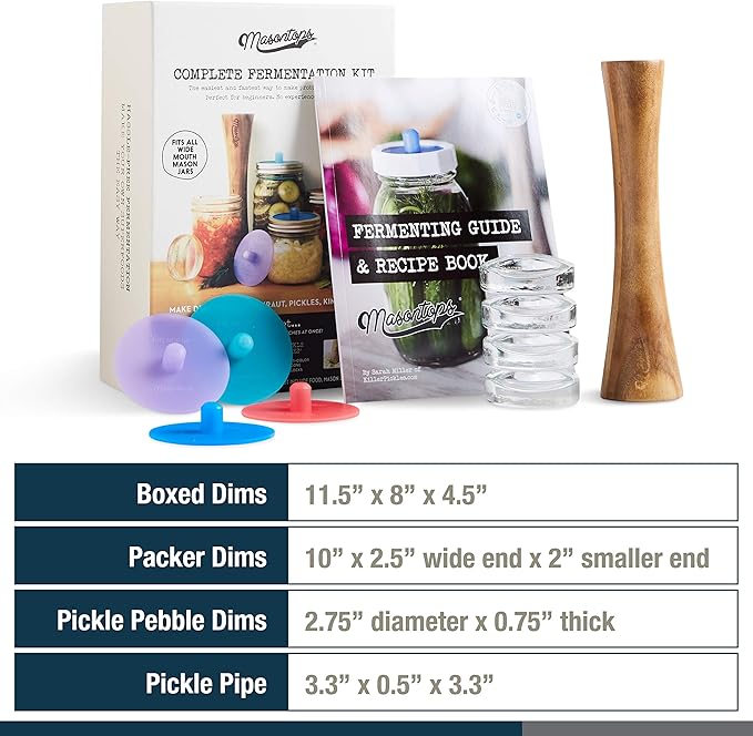 Masontops Complete Mason Jar Fermentation Kit - Pickle Kit, Sauerkraut Making Kit Kimchi Container - Fermentation Airlock Lids Wide Mouth Mason Jars