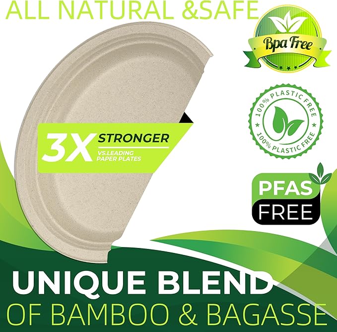 100PCS 100% Compostable Original Oval Paper Plates(12in), Heavy Duty Disposable Plates, Eco-Friendly Dinner Plates, Biodegradable Salad, Meal, Dessert Plates, Perfect for Parties, Picnic, BBQ