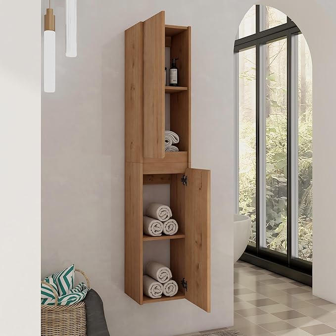 12" Bathroom Cabinet Wall Mounted, Bathroom Medicine Cabinet with 2 Door and 2 Shelf Over The Toilet, Wall Mounted Home Storage Cabinet - Brown