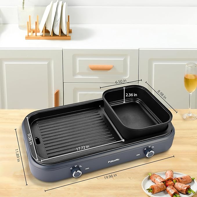 Pukomc Electric Hot Pot with Grill，2 in 1 Korean BBQ Grill Shabu Shabu Hot Po， 1500W / Temperature Control, Quick Heating Detachable Hot Pot and Baking Tray，gray