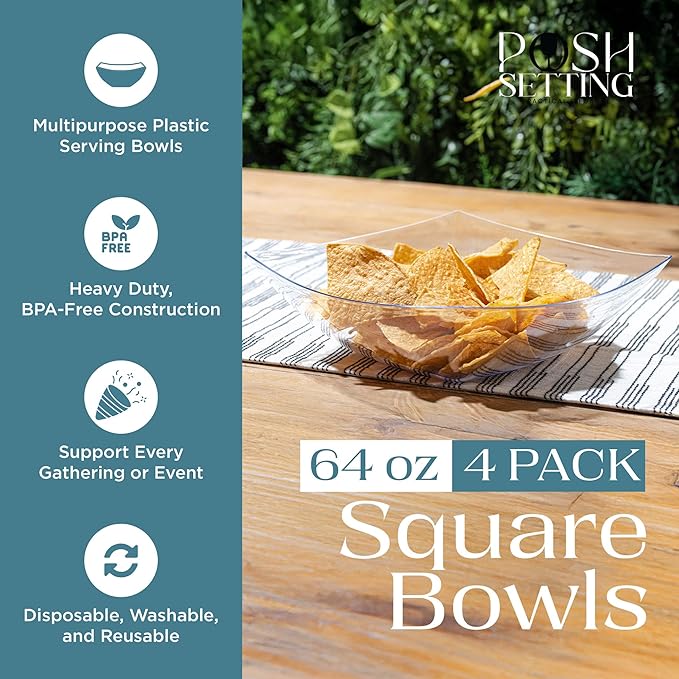 Posh Setting - Clear Plastic Serving Bowls (64oz - 4 Pack) Square, Disposable, Candy & Fruit Bowls for Party Table, Candy Containers