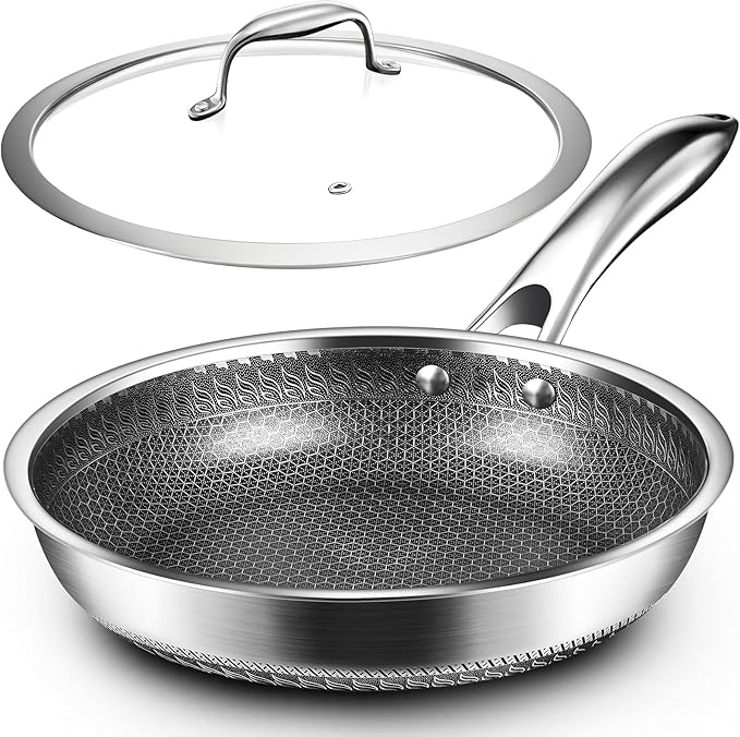 MDHAND 10 Inch Nonstick Frying Pan with Tempered Glass Lid, Premium Stainless Steel Skillet with Stay-Cool Handle, Dishwasher-Friendly, Oven-Safe, Induction Ready, Compatible with All Cooktops