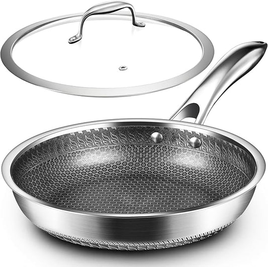 MDHAND 10 Inch Nonstick Frying Pan with Tempered Glass Lid, Premium Stainless Steel Skillet with Stay-Cool Handle, Dishwasher-Friendly, Oven-Safe, Induction Ready, Compatible with All Cooktops