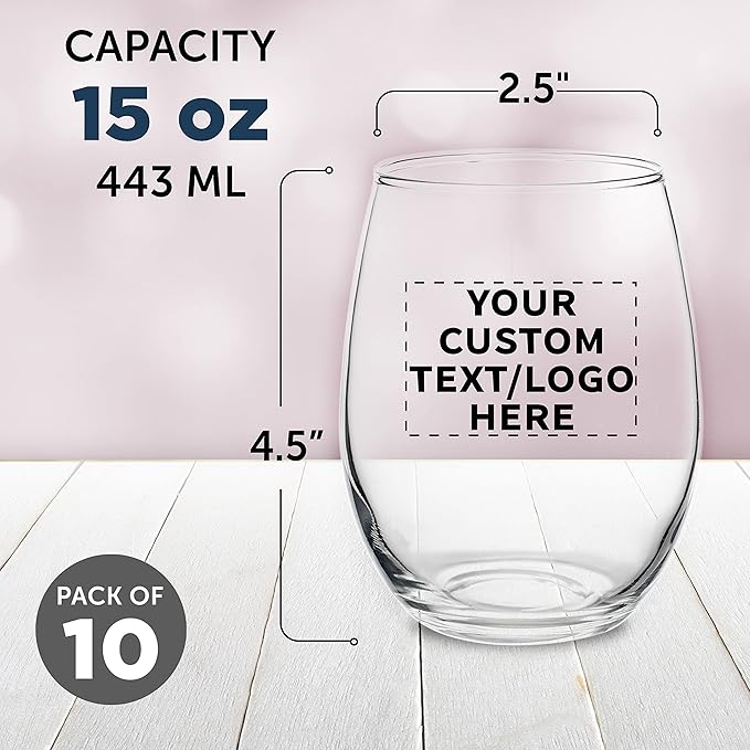Custom Stemless Wine Glasses by ARC Perfection 15 oz. Set of 10, Personalized Bulk Pack - Restaurant Glassware, Perfect for Red Wine, White Wine, Cocktails - Clear